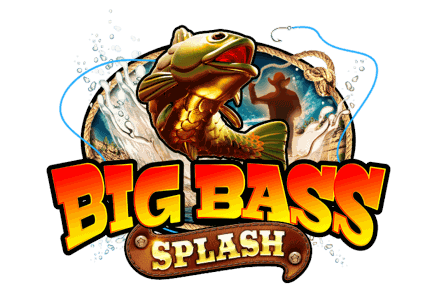Bold arcade-style illustration of the Big Bass Splash canyon lake, bass fish scatter and fisherman wild rendered with a chunky retro finish